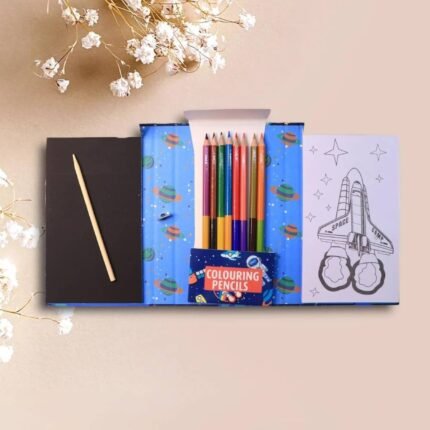 Kydoos Kids Coloring Book Set with 8 Double-Sided Pencils & 2 Themed Books – 30 Sheets Each, Space & Astronaut Designs – Art & Craft Kit for Boys & Girls