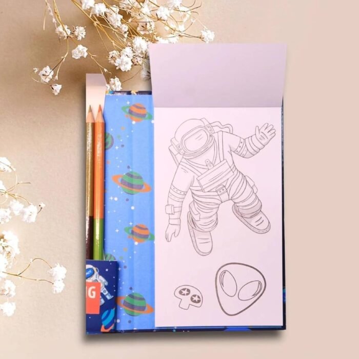 Kydoos Kids Coloring Book Set with 8 Double-Sided Pencils & 2 Themed Books – 30 Sheets Each, Space & Astronaut Designs – Art & Craft Kit for Boys & Girls