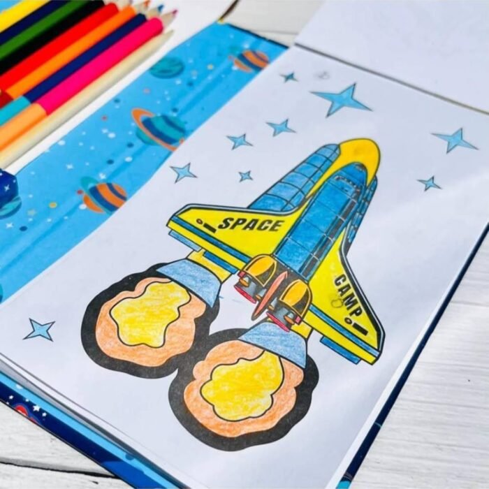 Kydoos Kids Coloring Book Set with 8 Double-Sided Pencils & 2 Themed Books – 30 Sheets Each, Space & Astronaut Designs – Art & Craft Kit for Boys & Girls