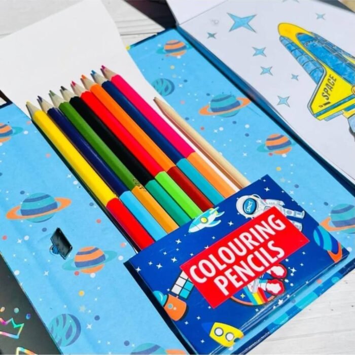 Kydoos Kids Coloring Book Set with 8 Double-Sided Pencils & 2 Themed Books – 30 Sheets Each, Space & Astronaut Designs – Art & Craft Kit for Boys & Girls