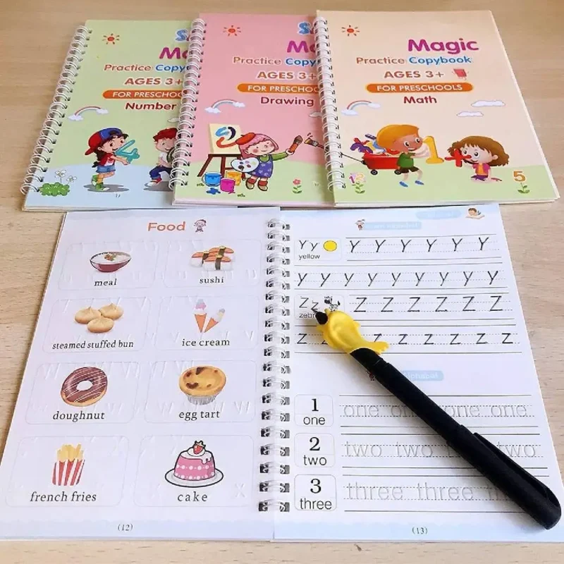 Kydoos Magic Practice Copybook Set - 4 Reusable Books with 15 Refills, 1 Pens & Grips Preschool Workbook for Number, Alphabet, Math & Drawing Tracing Early Learning & Handwriting Tool for Kids