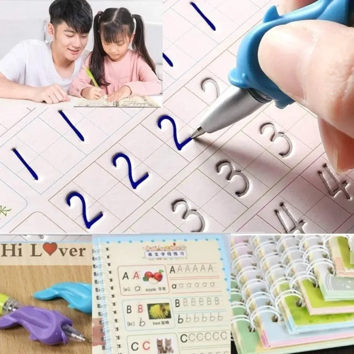 Kydoos Magic Practice Copybook Set - 4 Reusable Books with 15 Refills, 1 Pens & Grips Preschool Workbook for Number, Alphabet, Math & Drawing Tracing Early Learning & Handwriting Tool for Kids