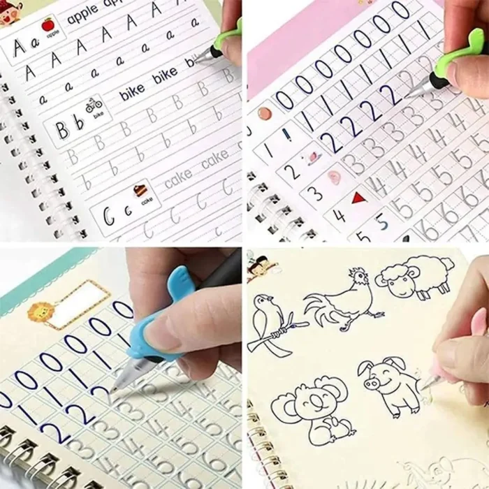 Kydoos Magic Practice Copybook Set - 4 Reusable Books with 15 Refills, 1 Pens & Grips Preschool Workbook for Number, Alphabet, Math & Drawing Tracing Early Learning & Handwriting Tool for Kids