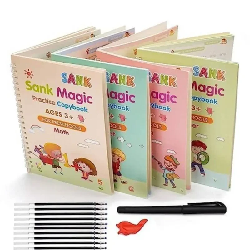 Kydoos Magic Practice Copybook Set - 4 Reusable Books with 15 Refills, 1 Pens & Grips Preschool Workbook for Number, Alphabet, Math & Drawing Tracing Early Learning & Handwriting Tool for Kids