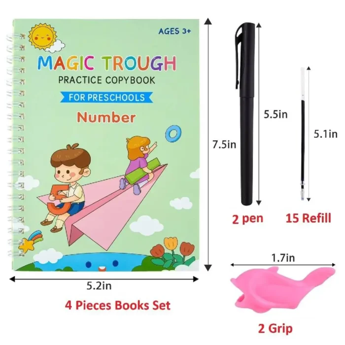 Kydoos Magic Practice Copybook Set - 4 Reusable Books with 15 Refills, 1 Pens & Grips Preschool Workbook for Number, Alphabet, Math & Drawing Tracing Early Learning & Handwriting Tool for Kids