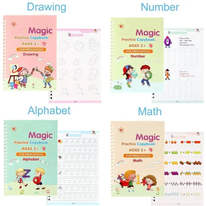 Kydoos Magic Practice Copybook Set - 4 Reusable Books with 15 Refills, 1 Pens & Grips Preschool Workbook for Number, Alphabet, Math & Drawing Tracing Early Learning & Handwriting Tool for Kids